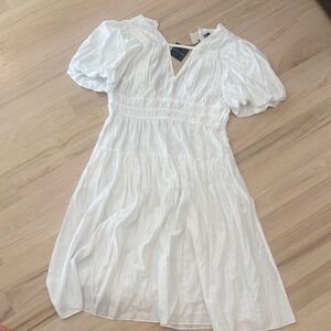 Saks White Puff Sleeve V-Neck Smocked Waist Mini Dress